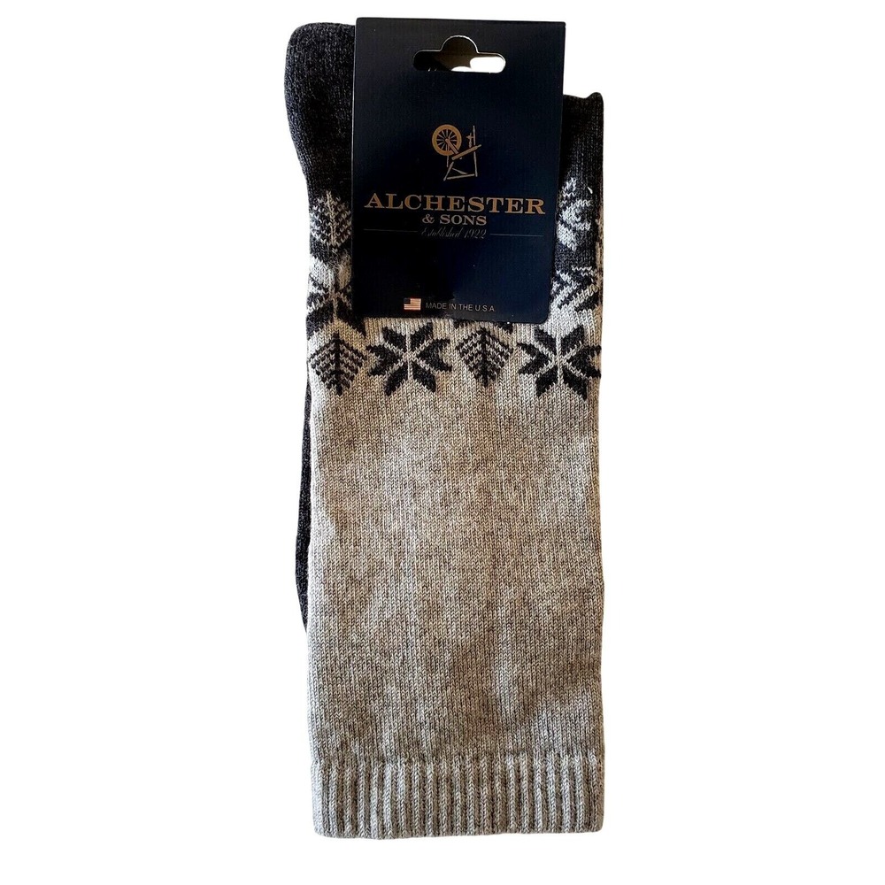 Merino Wool Grey Crew Socks Mens Large Snowflake Alchester Warm Dress Roland NEW